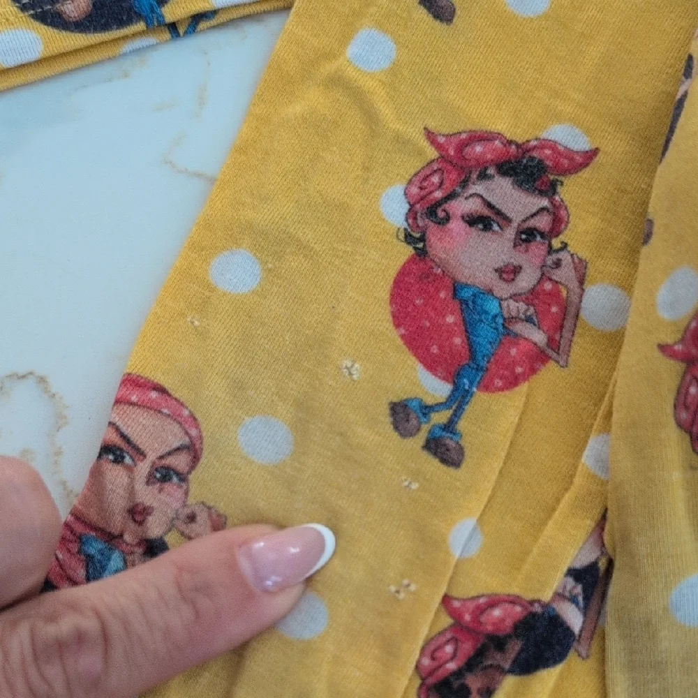 Posh Peanut Yellow Character Print Long Sleeve Pajama Set with White Polka Dots